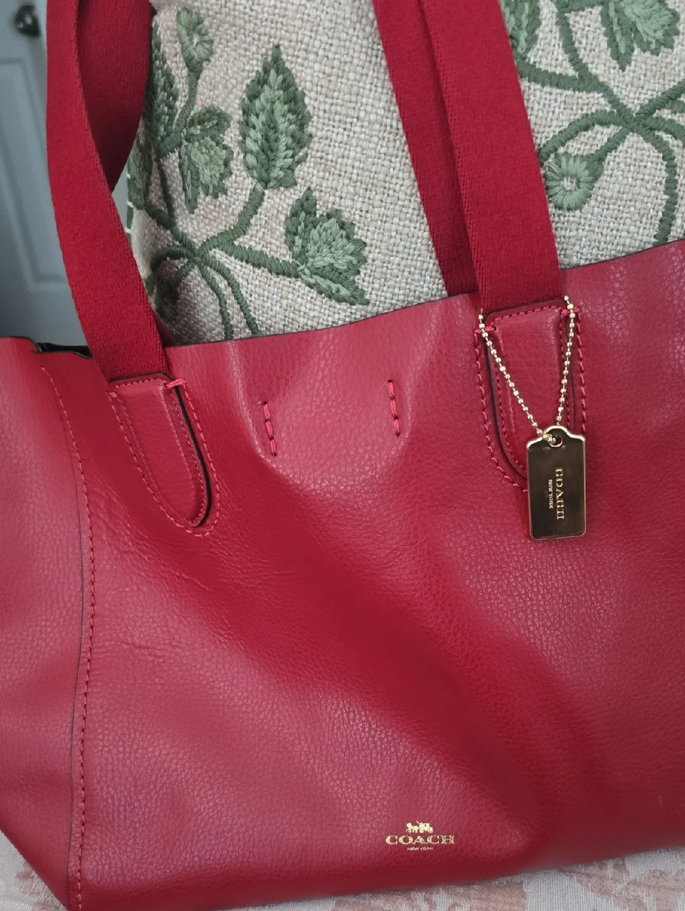 Coach Red Leather Tote with Gold Tag